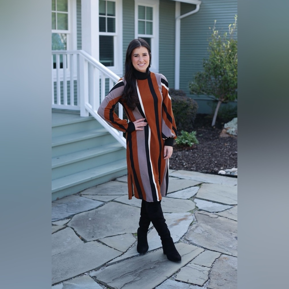 NEW Boutique CES FEMME Knit Striped Sweater Midi Dress in Black and Camel